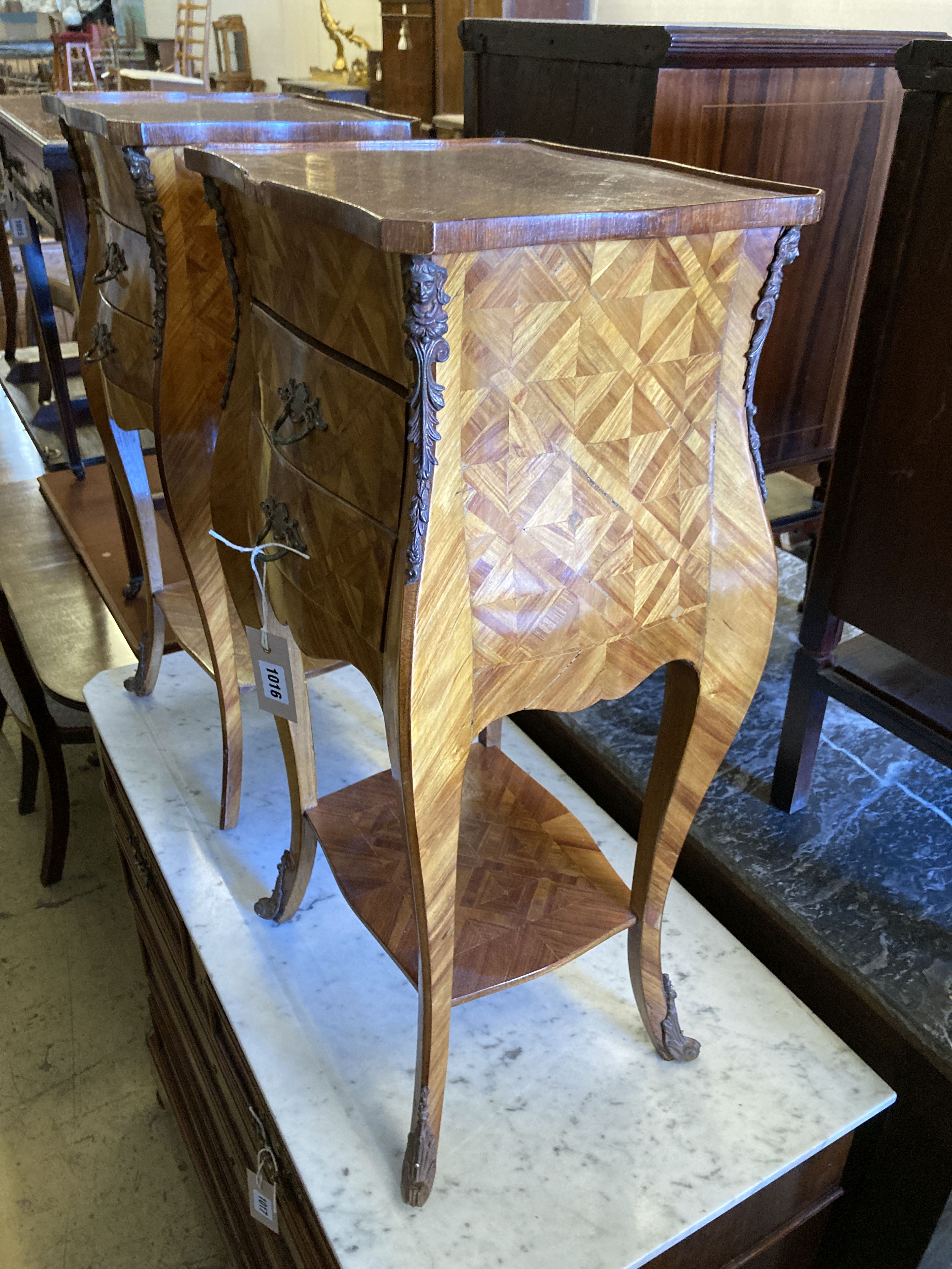 A pair of Louis VIX style parquetry and inlaid kingwood petit commodes (damage), width 34cm, depth 28cm, height 69cm